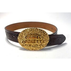 Justin Tooled Leather Belt Sz 30 w/ Texas Purties Brass Buckle - Vintage NOS